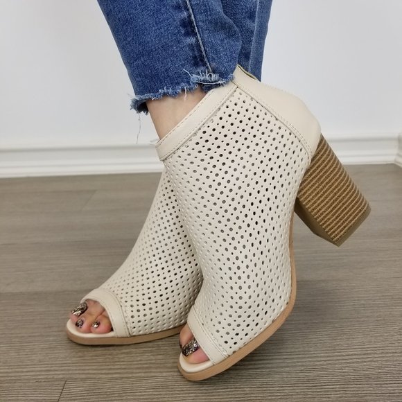 Off White Perforated Heeled Open Toe Ankle Boots - Picture 2 of 9